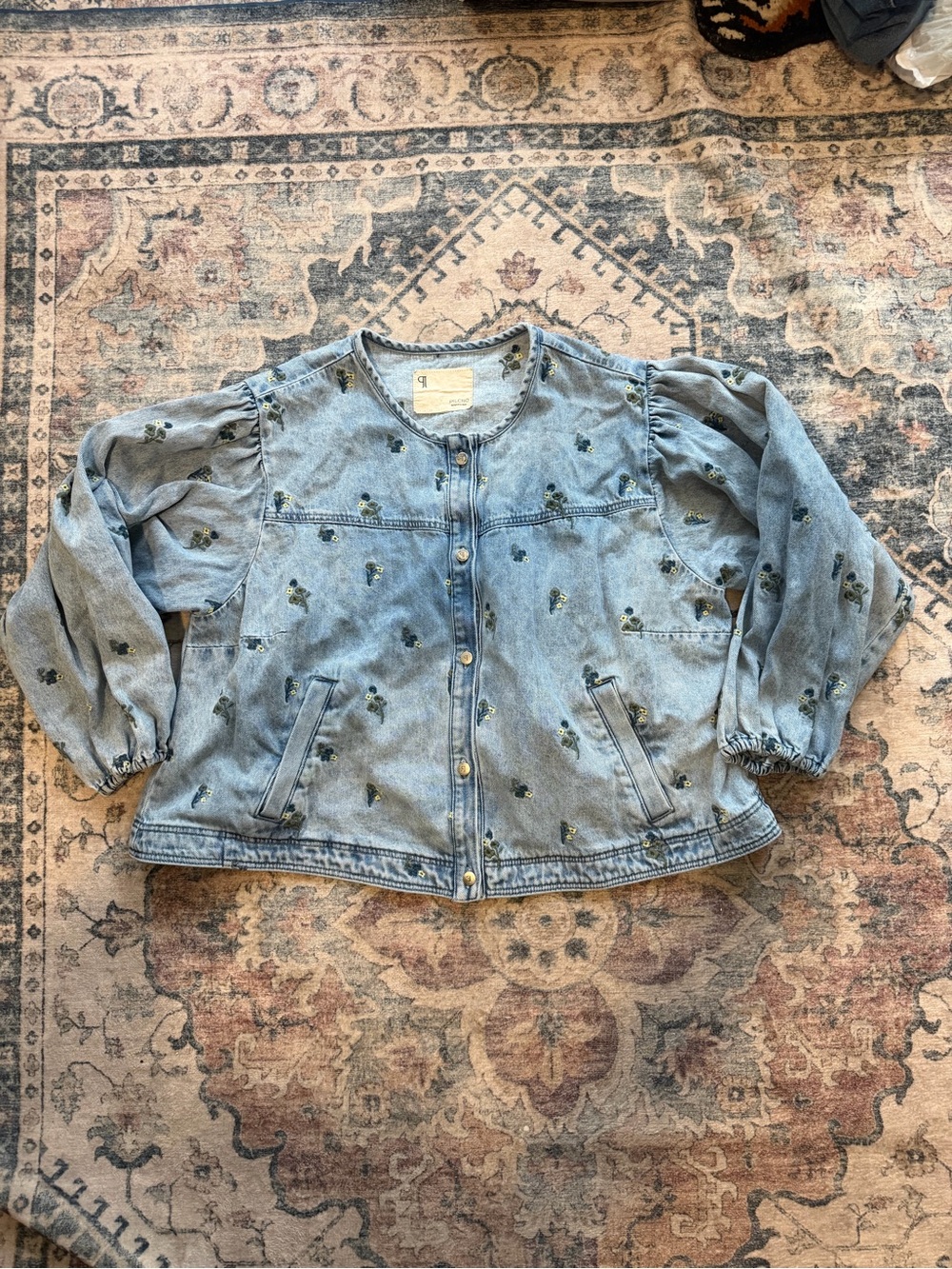 Pilcro Collarless Embroidered Denim Swing Jacket